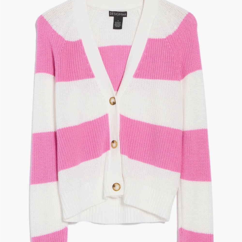 Design History Pink and White Striped Cardigan Sweater.